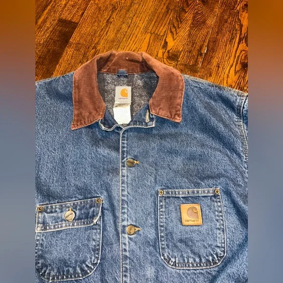 XL 90s Carhartt Denim Blanket Lined Chore Coat - Picture 3 of 9